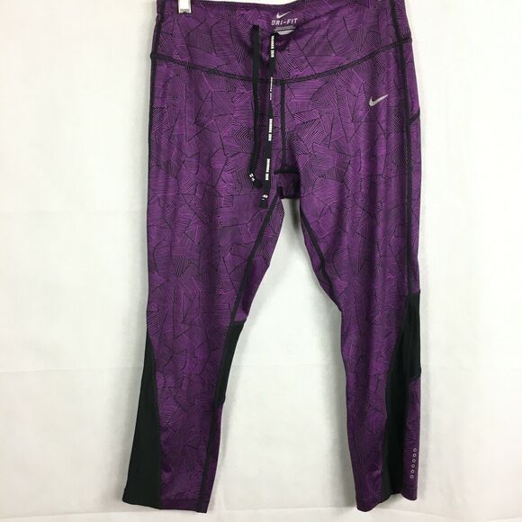 Nike‎ Running Dri-Fit Leggings Womens Sz M Purple Black Geometric Athletic - Picture 1 of 9
